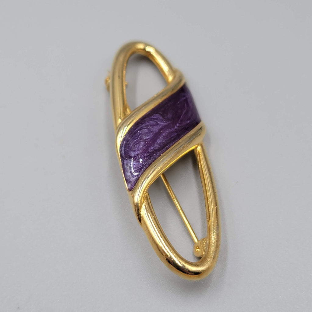 Vintage Purple Enamel Gold-Tone Brooch Open Oval Design 2.5"