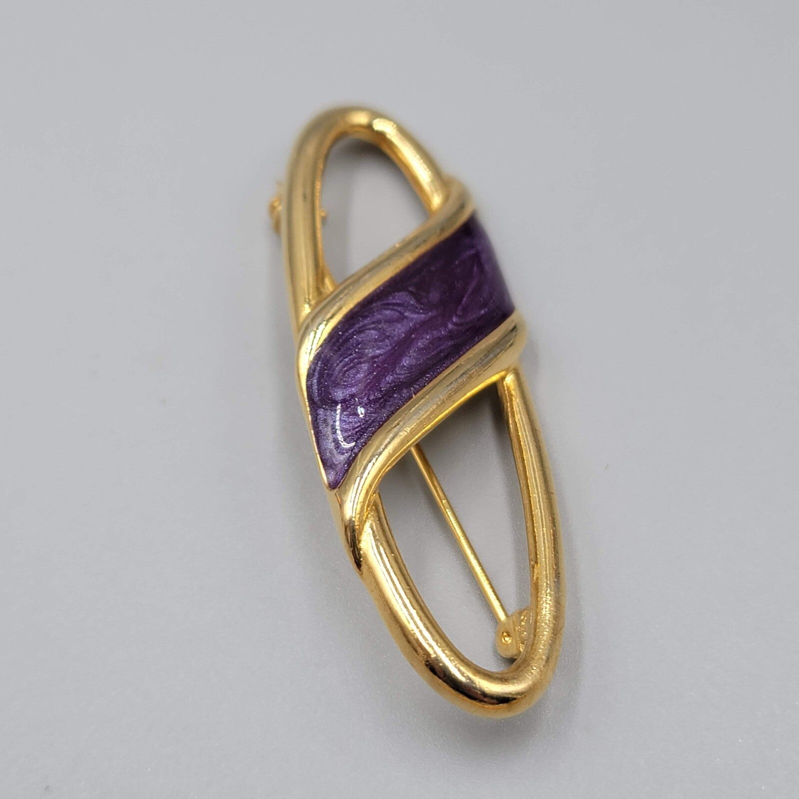 Vintage Purple Enamel Gold-Tone Brooch Open Oval Design 2.5"