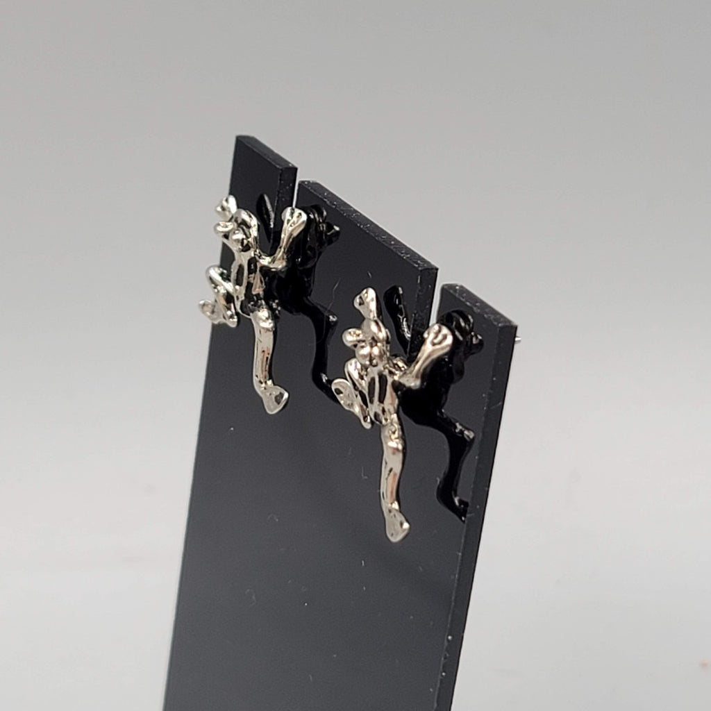 Frog Stud Pierced Earrings Silver tone Oxsidized 5/8 in