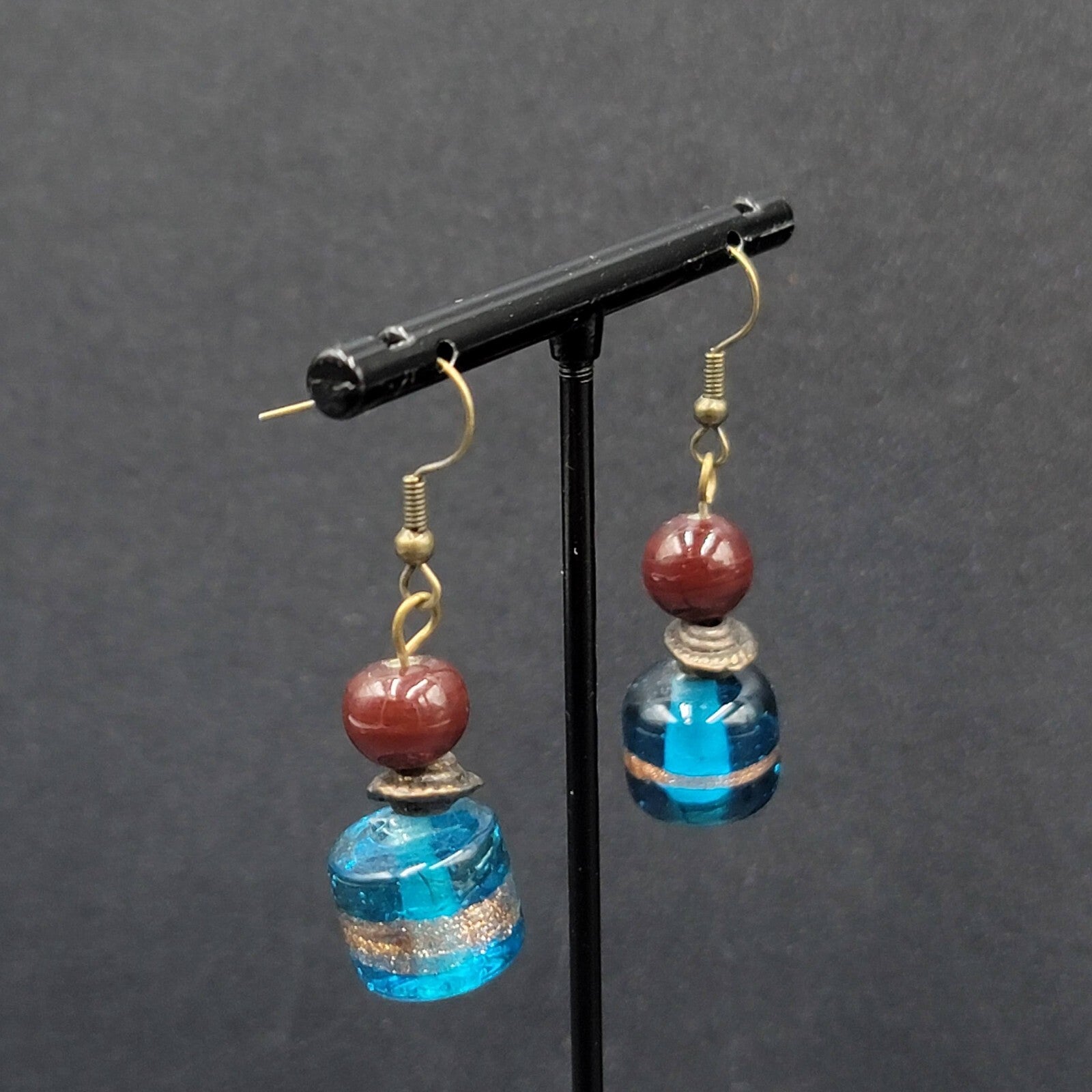 Pierced Earrings Bronze tone Art Glass Blue Bead Dangle 1.25"