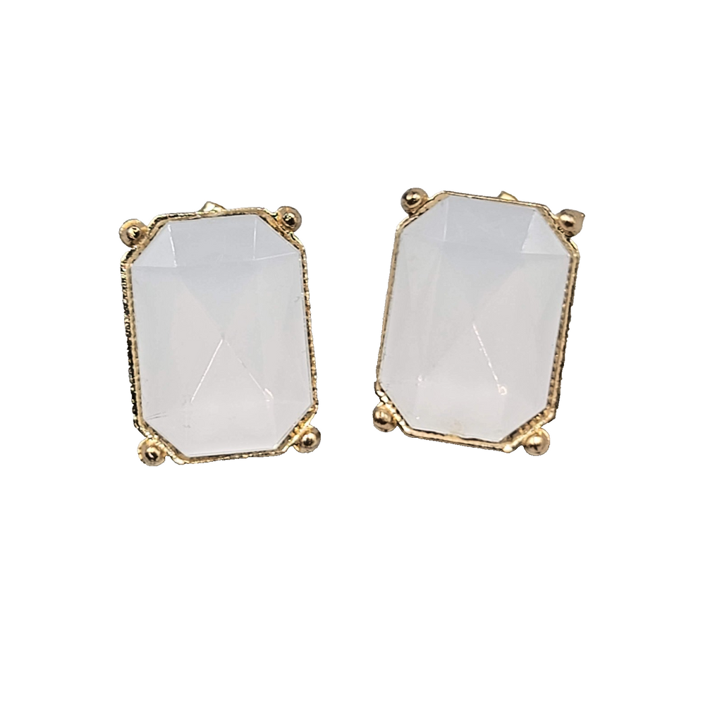 Opaque White Rectangle Pierced Earrings Gold tone Drop 3/4"