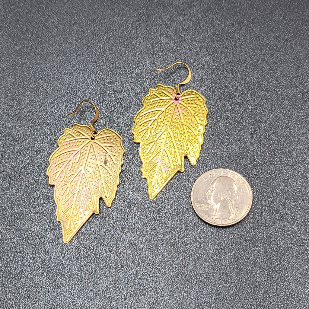 Pierced Earrings Gold tone Pink Enamel Large Statement Dangle Leaves Lightweight