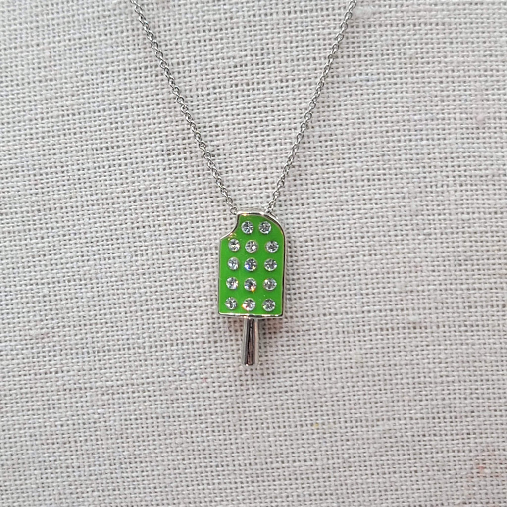Lia Sophia Popsicle Pendant Necklace Green Enamel Crystal Silver tone 18"