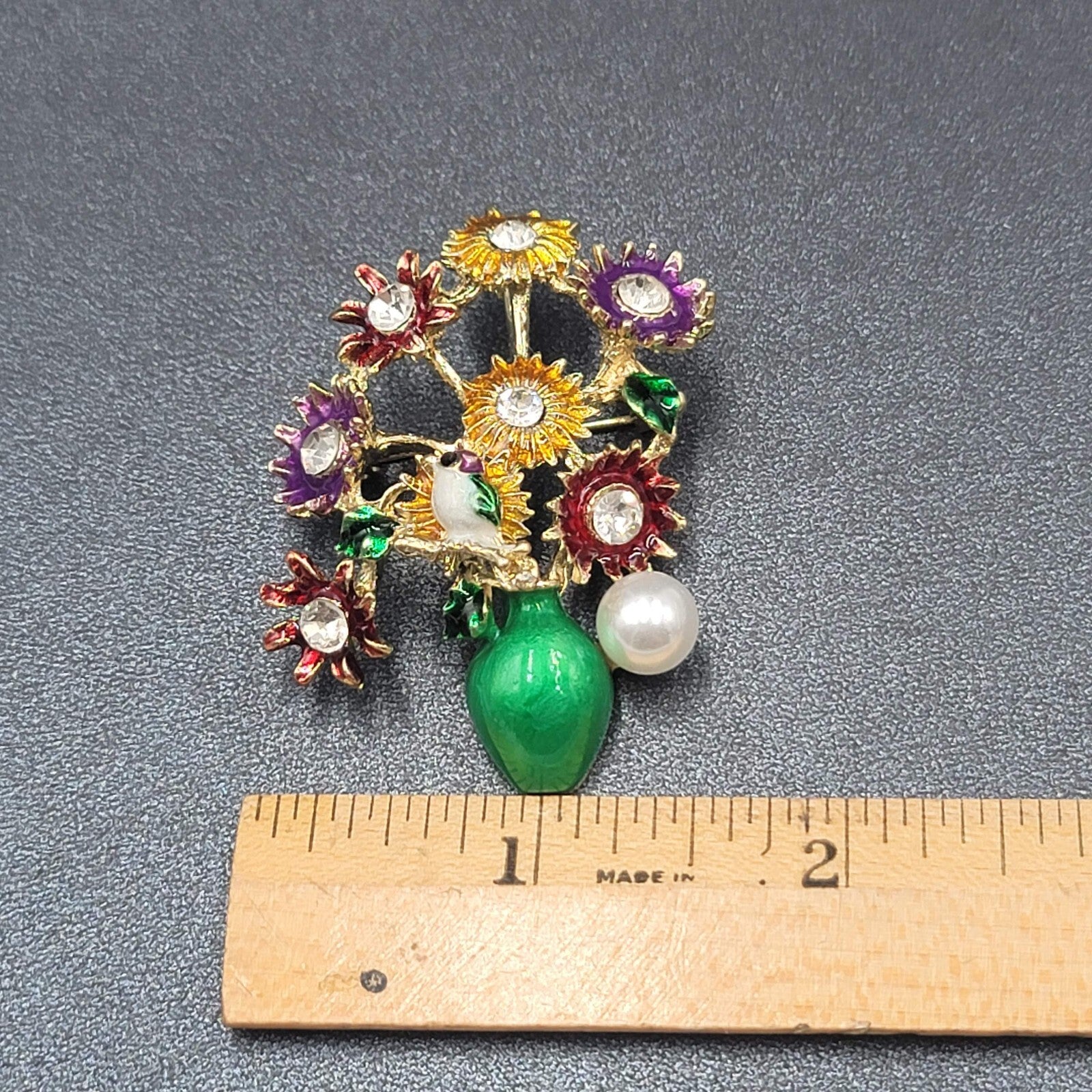 Crystal Rhinestone Flower Bouquet Brooch Pendant Green Enamel Multicolor 2.25"