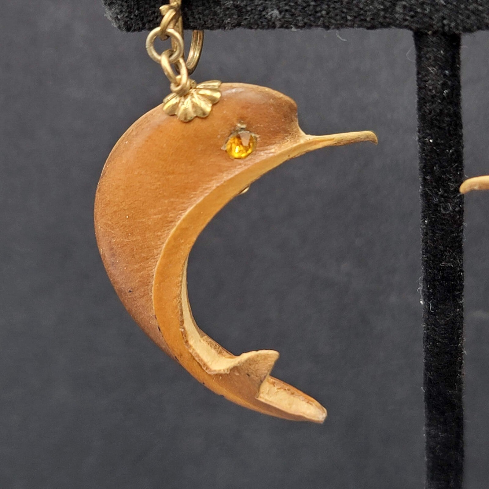 Vintage Clip on Earrings Gold tone Carved Dolphin Dangle Rhinestone 1 5/8"
