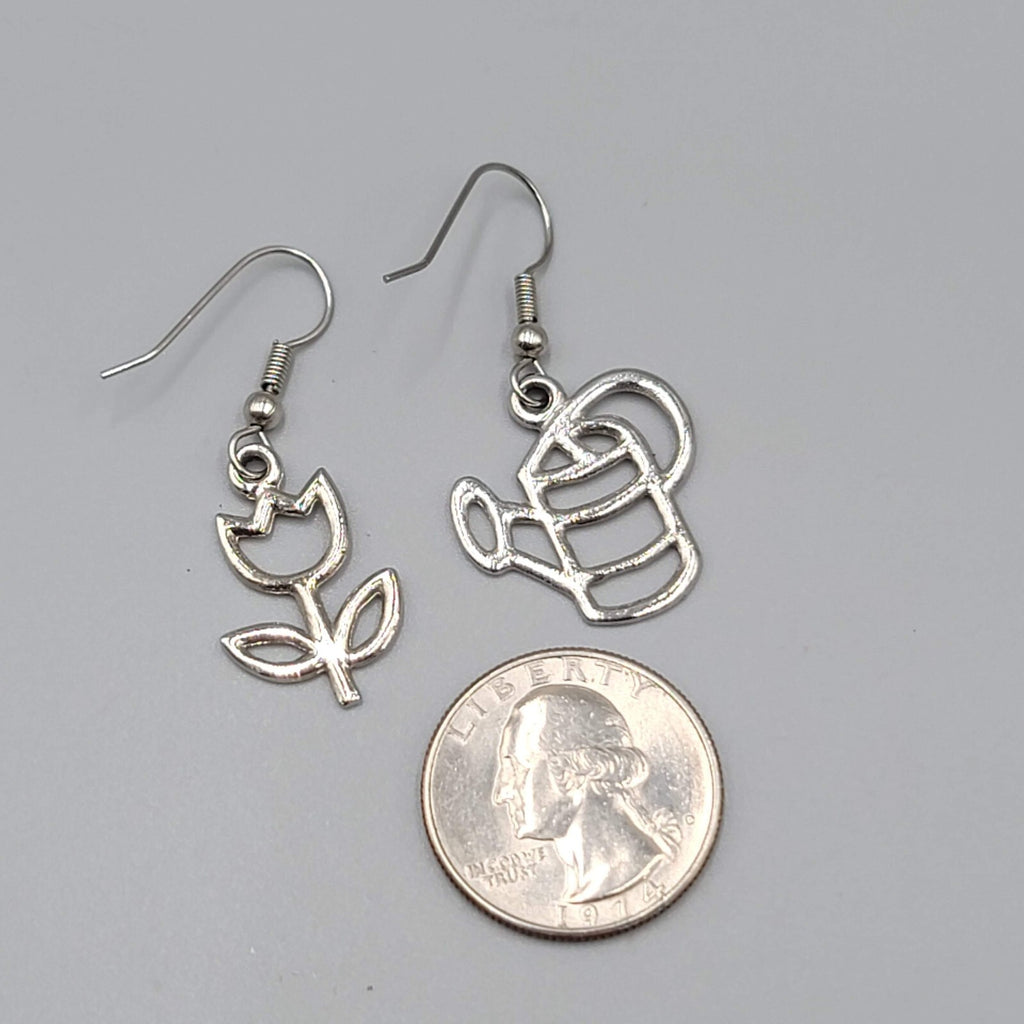 Gardener Pierced Earrings Garden Flower Watercan Silver tone Dangle 1"