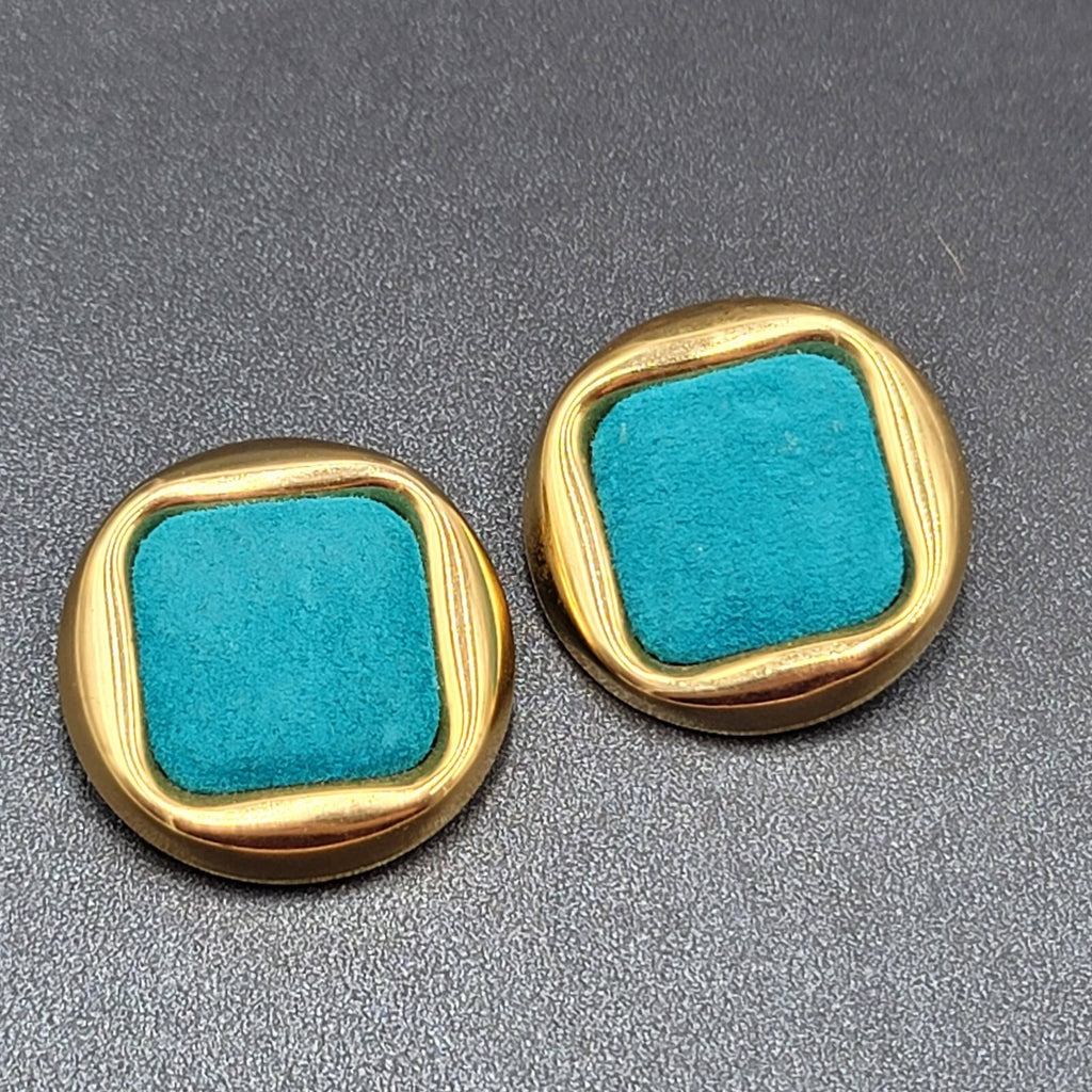 Clip on Earrings Gold tone Square Blue Felt Drop 1.25"