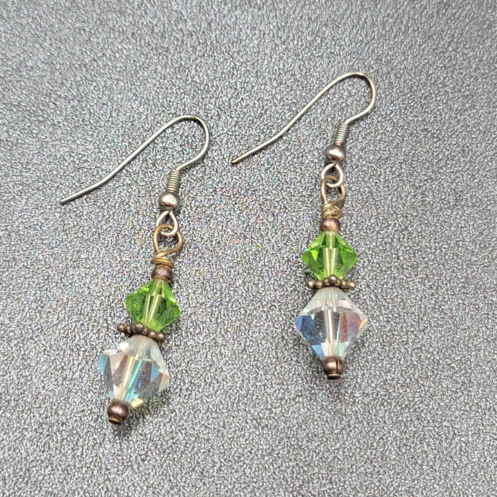 Pierced Earrings Silver toneGreen AB Bicone Christal Beads Dangle  1 1/8"