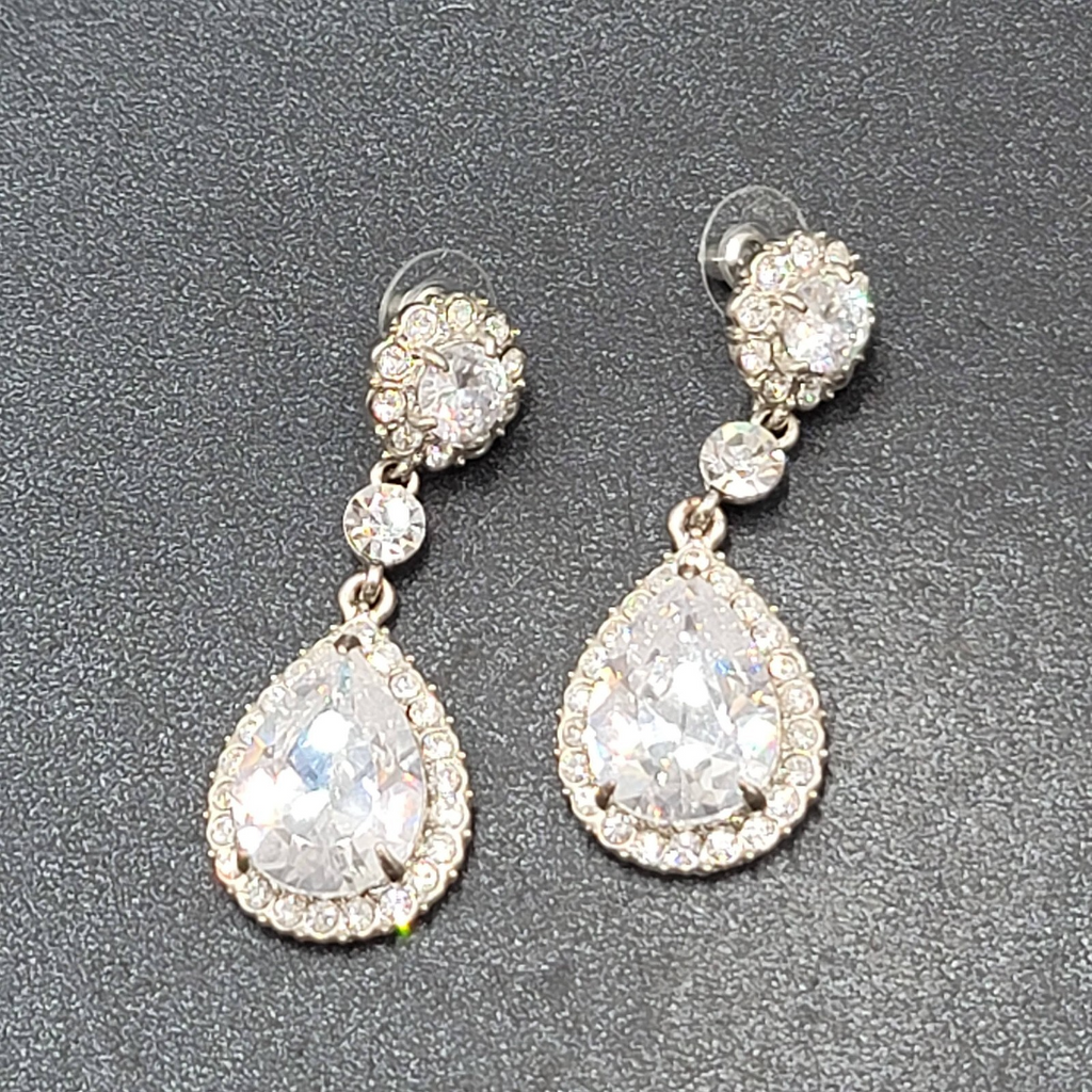 Pierced Earrings Silver tone Large Rhinestone Signed Wedding Prom Well Made 2"