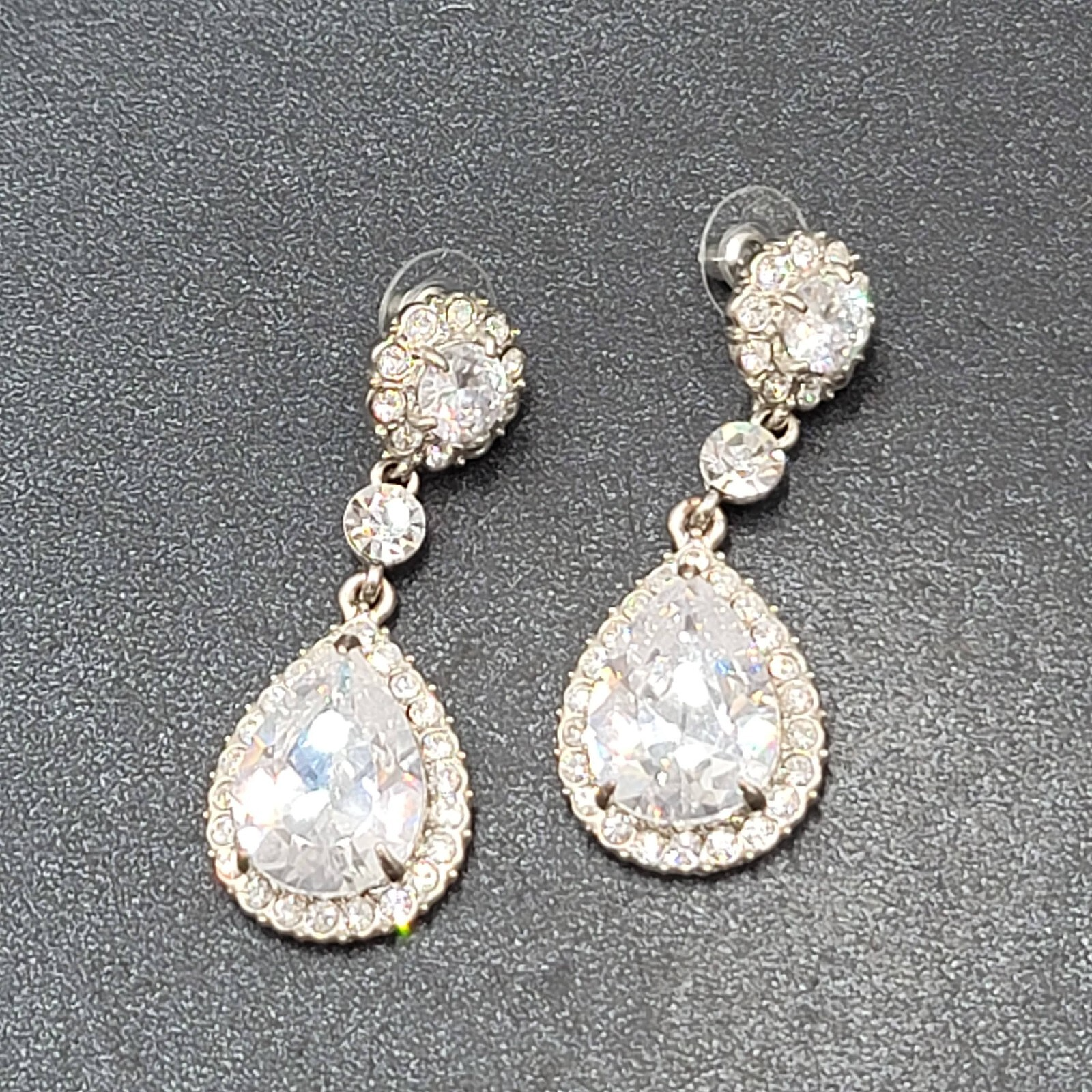Pierced Earrings Silver tone Large Rhinestone Signed Wedding Prom Well Made 2"