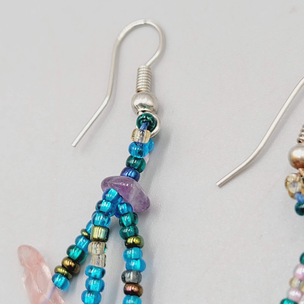 Bohemian Dangle Pierced Earrings Gemstone Chips Seed Bead Silver tone 1.75"