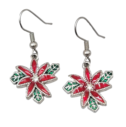 Christmas Flower Pierced Earrings Silver tone Dangle Poinsettia 3/4"