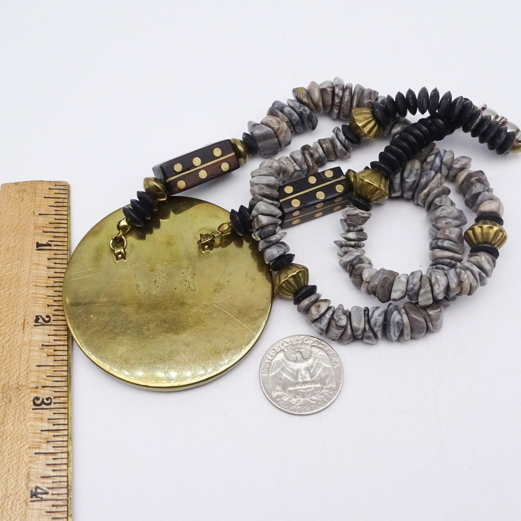 Boho Ethnic Necklace Gray Stone Beads Enamel Brass Inlay Pendant 24"