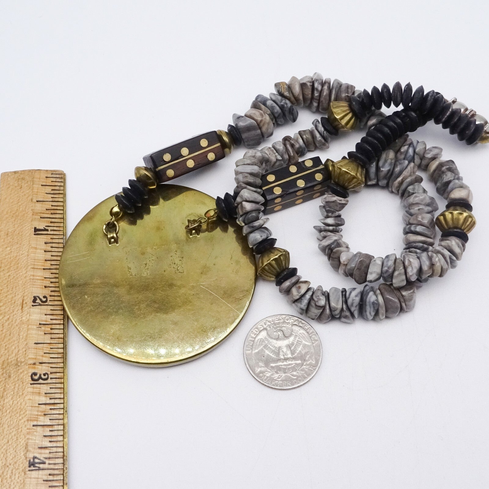 Boho Ethnic Necklace Gray Stone Beads Enamel Brass Inlay Pendant 24"