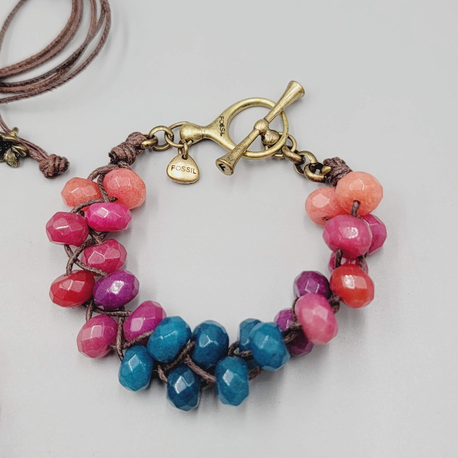 Fossil Necklace and Bracelet Set Multicolor Stones Brown Adjustable Cord