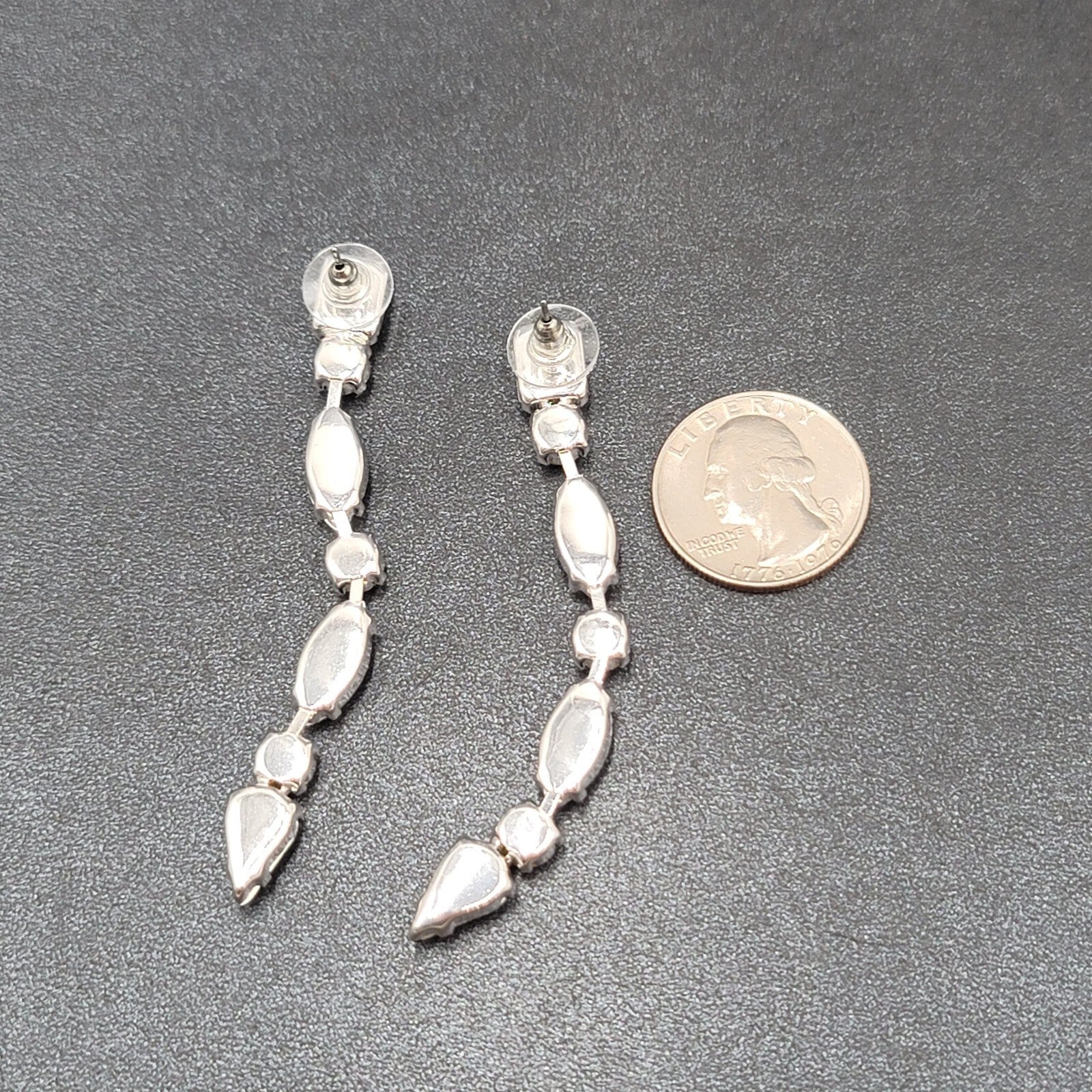 Pierced Earrings Silver tone Acrylic Black Prong Set Dangle 3"