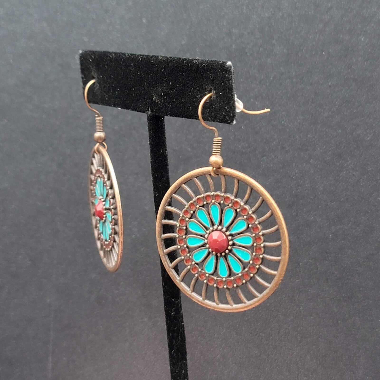 New Boho Pierced Earrings Bronze tone Blue Enamel Round Open Flower Dangle 1.25"