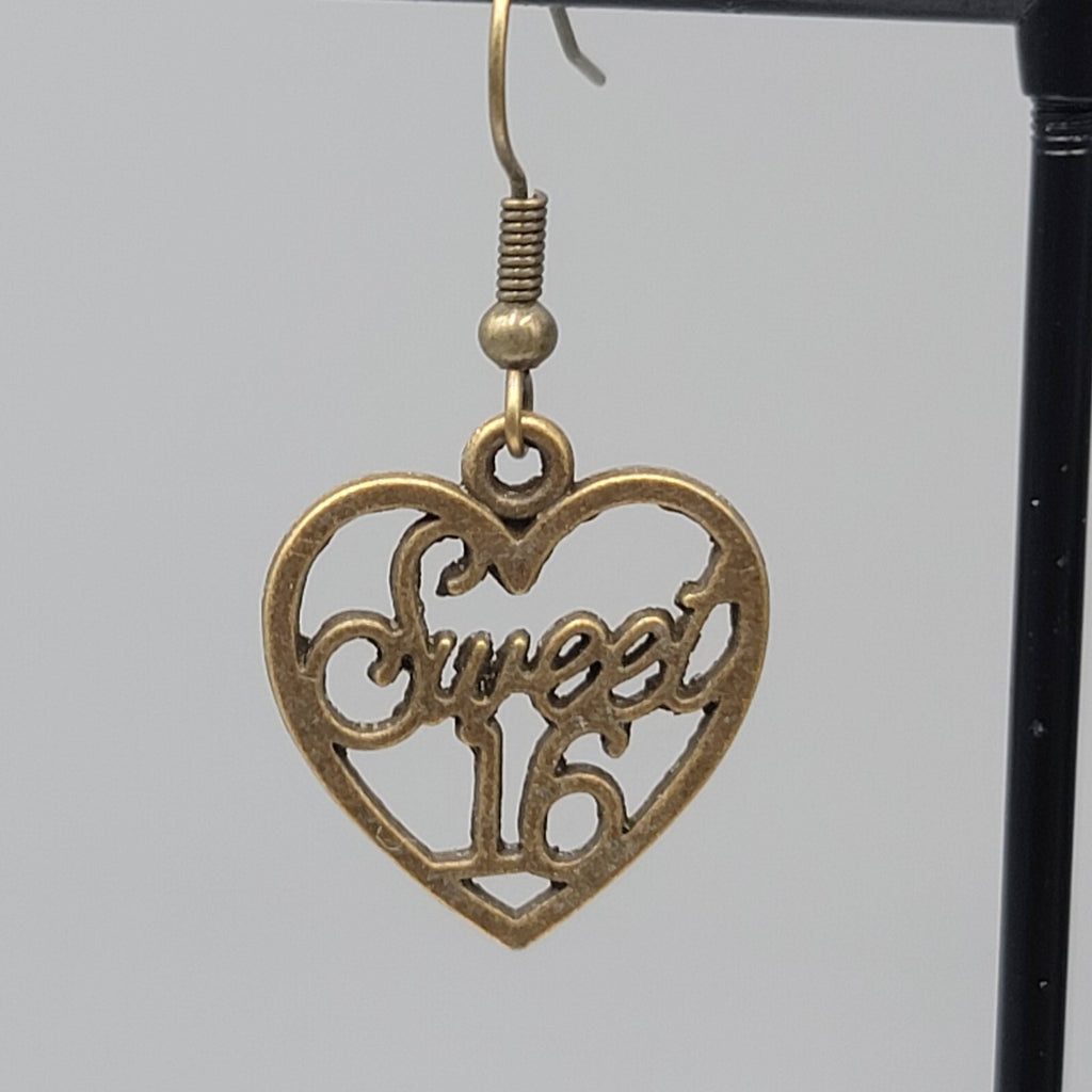 Sweet 16 Heart Pierced Earrings New Bronze tone Dangle 7/8"