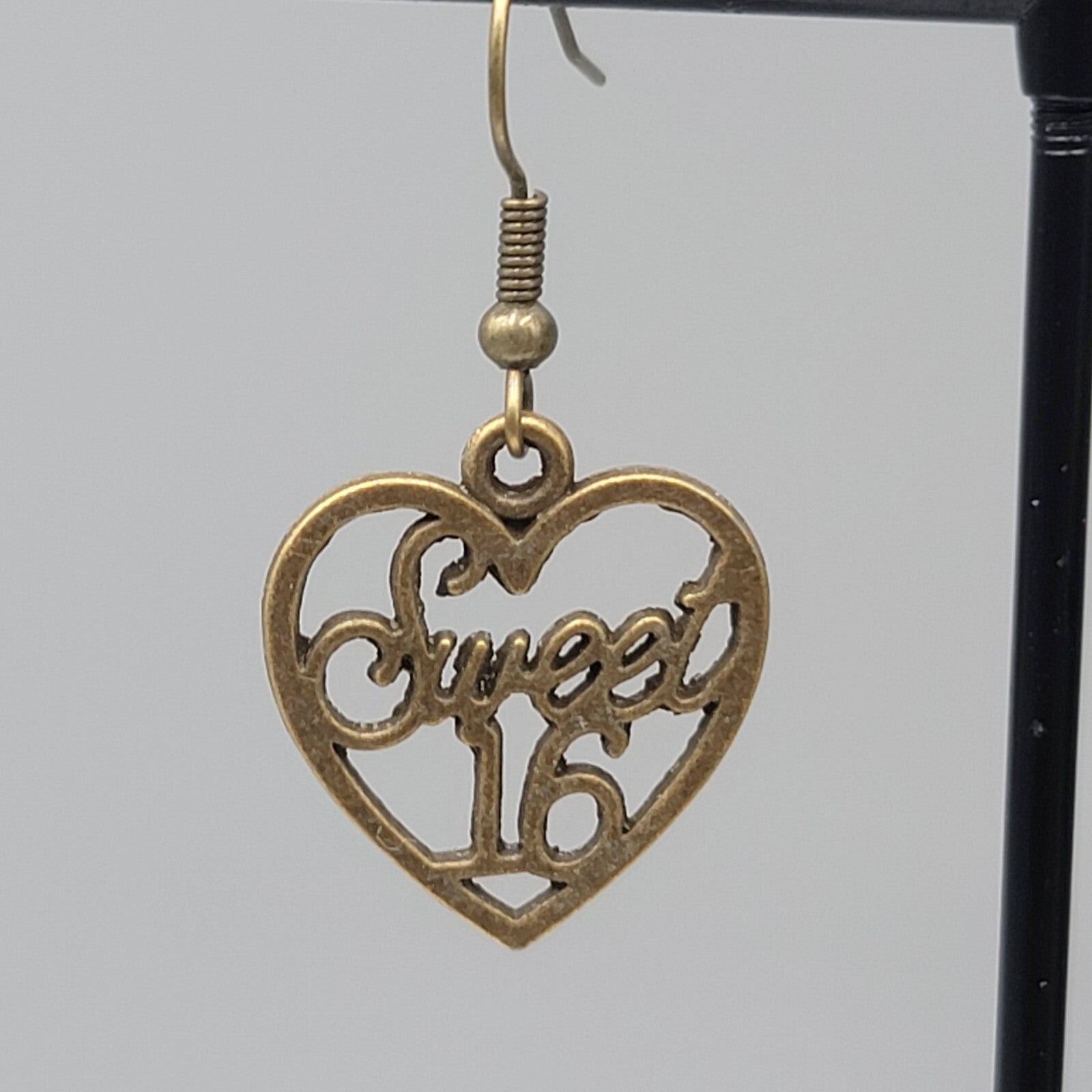 Sweet 16 Heart Pierced Earrings New Bronze tone Dangle 7/8"