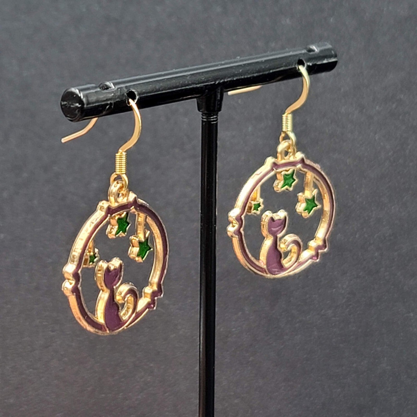 New Cat Pierced Earrings Gold tone Green Stars Purple Enamel Dangle 7/8"