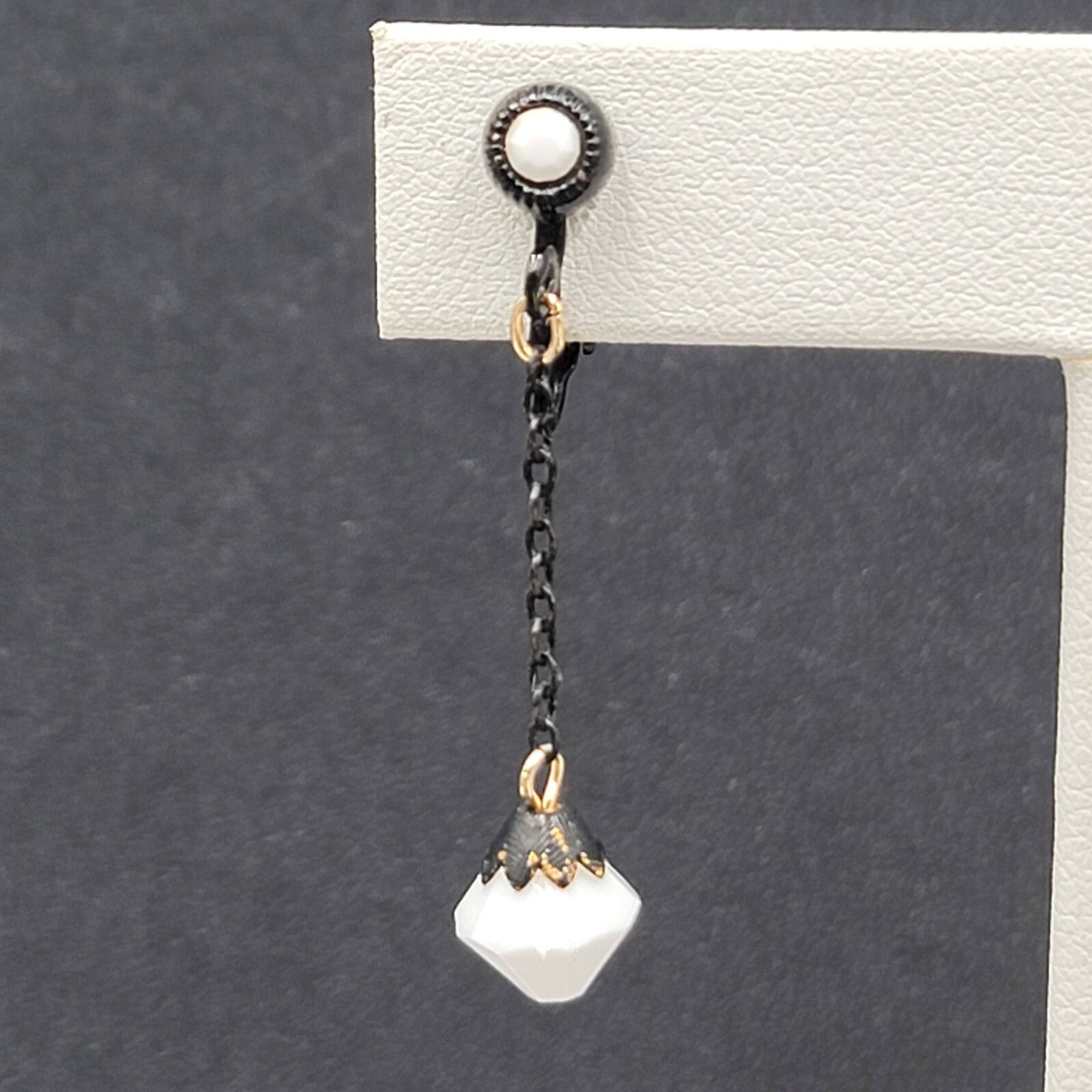 Vintage Clip on Earrings Black Enamel Metal Dangle Chain White Bead 1 5/8"
