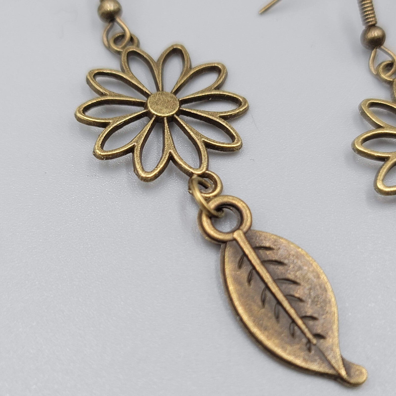 Flower Leaf Pierced Earrings Bronze tone Open Work Dangle NEW 2"