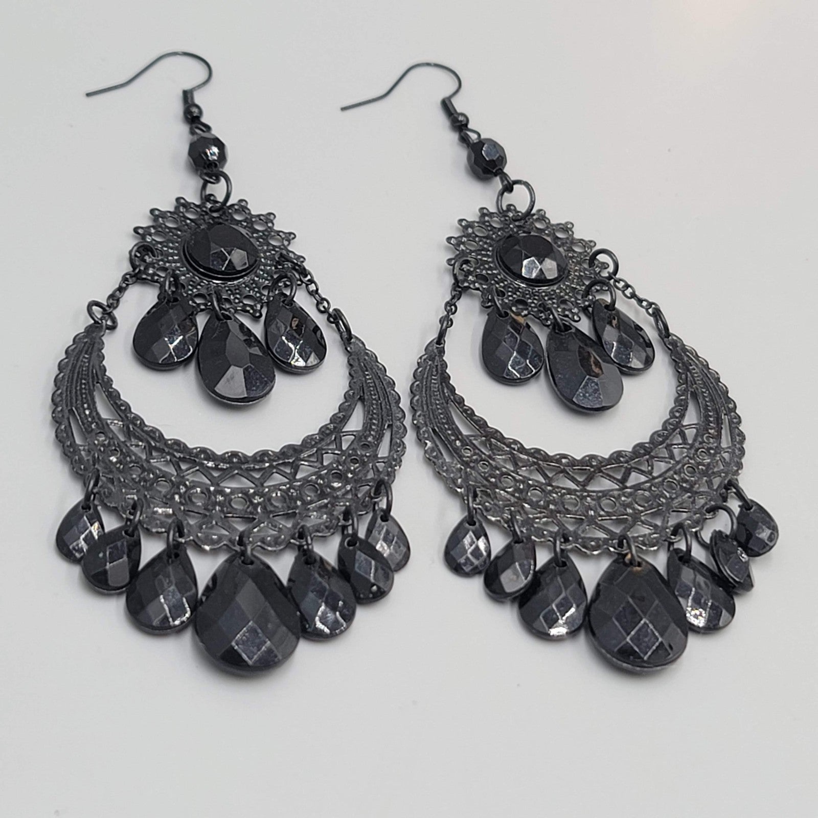 Black Enamel Chandelier Pierced Earrings Beaded Dangle LONG 4"