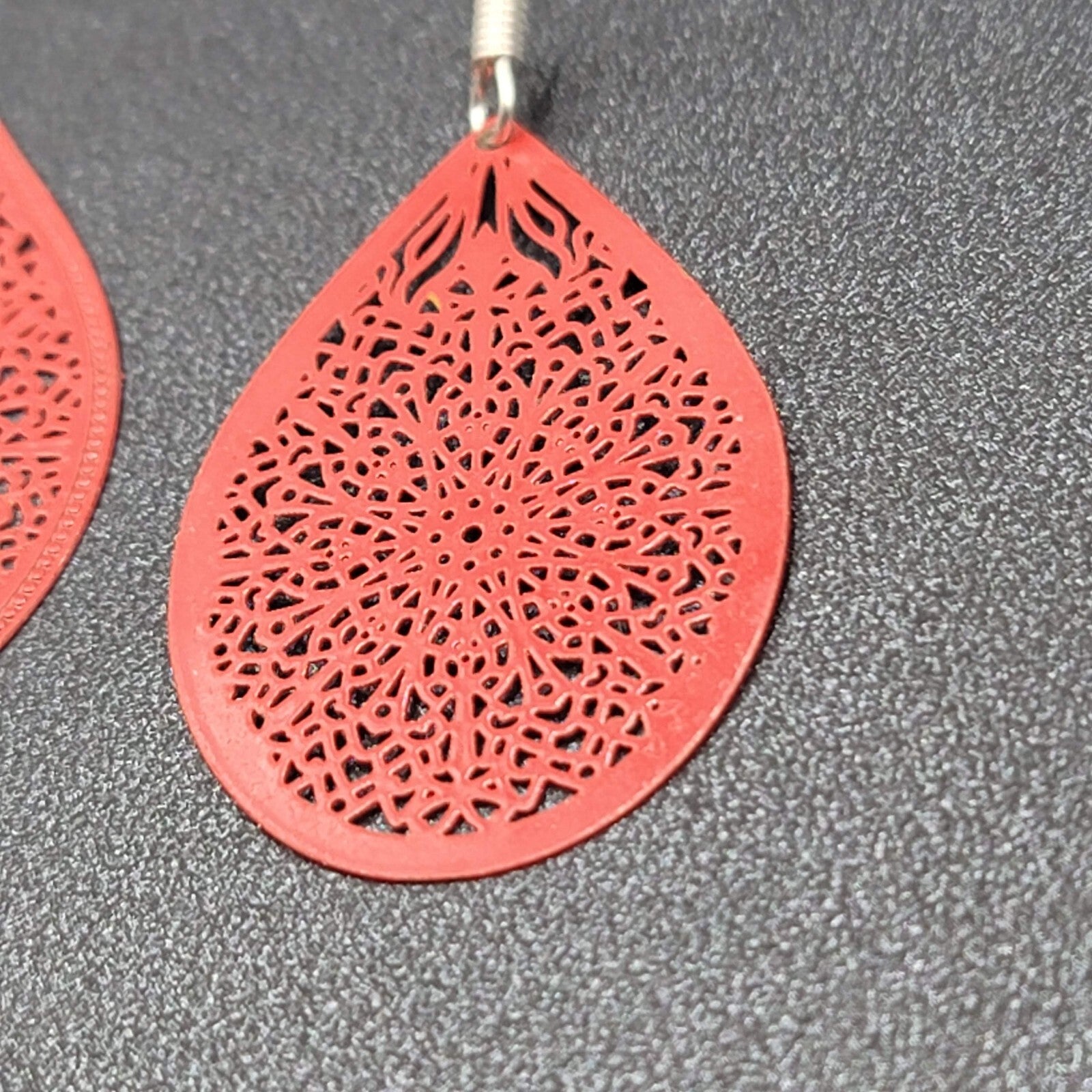 Pierced Earrings Silver tone Red Enamel Open Work Laser cut Teardrop 1 3/8"