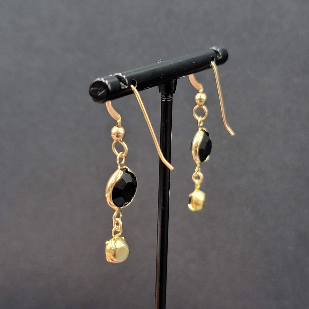 Pierced Earrings Gold tone Black Orange Rhinestone Dangle 1"