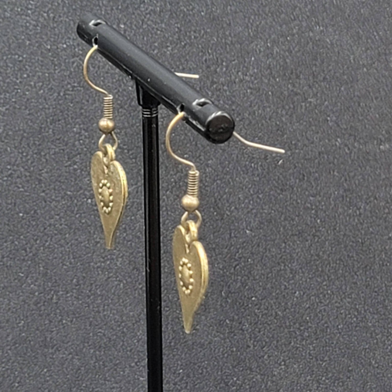 Heart Pierced Earrings Bronze tone Embossed Dangle New 3/4"