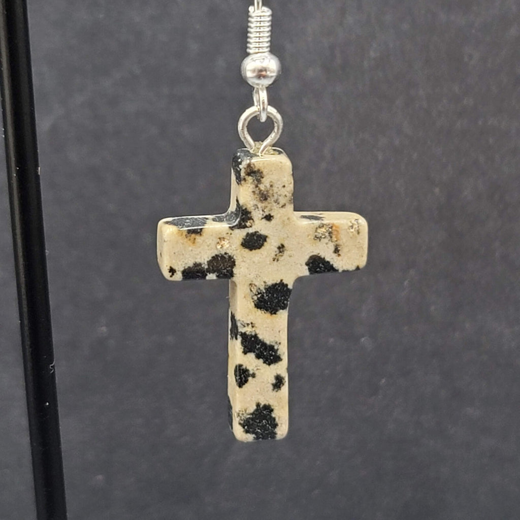 Sterling Silver Cross Pierced Earrings 925 Jasper Stone 1"
