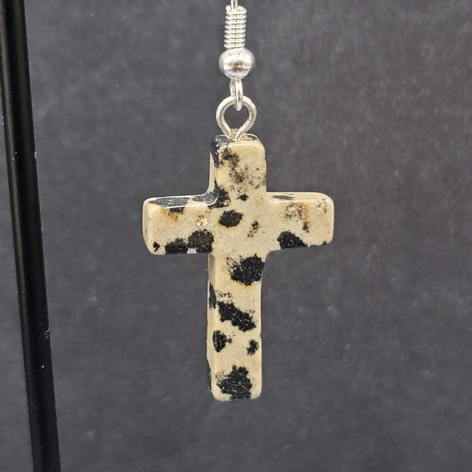 Sterling Silver Cross Pierced Earrings 925 Jasper Stone 1"