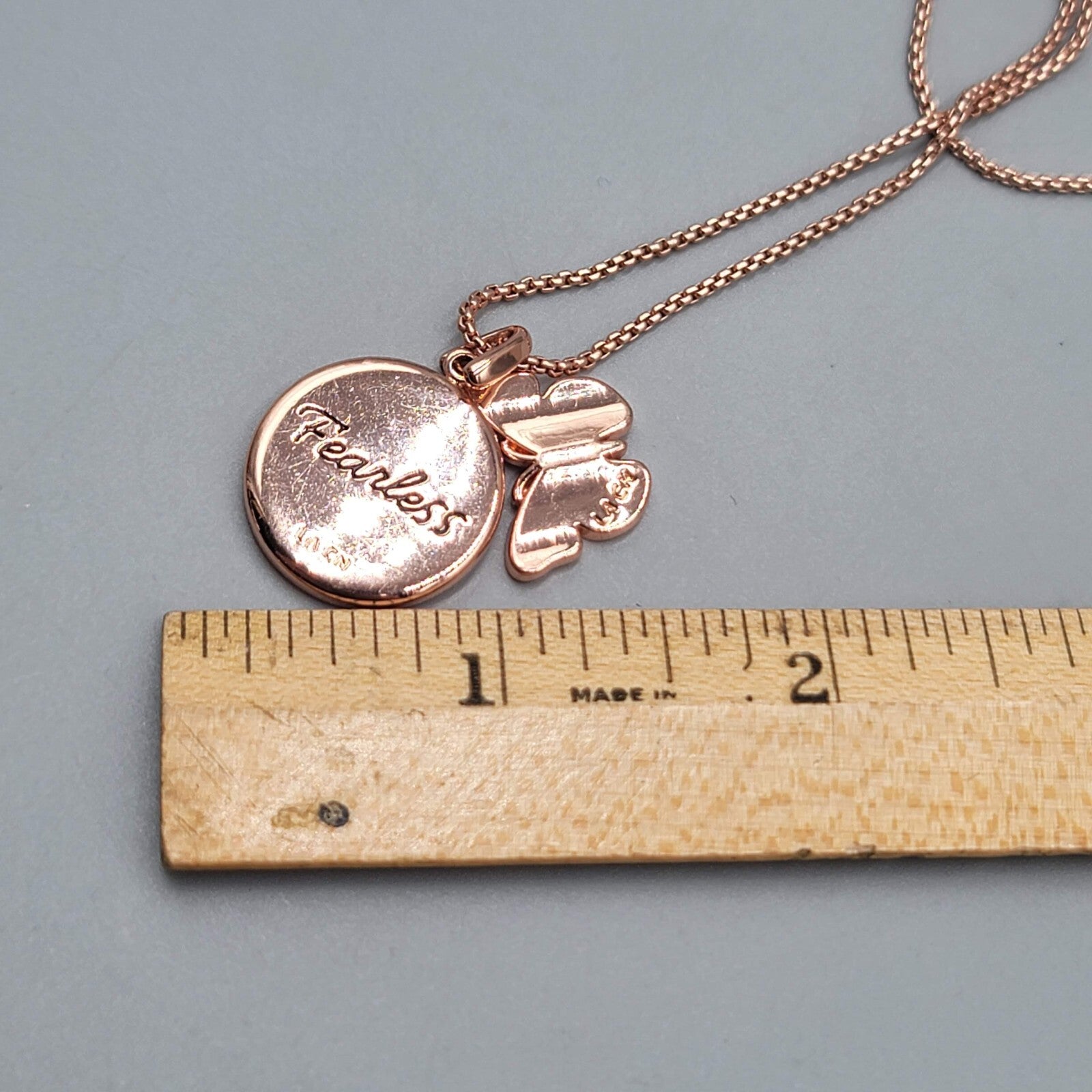 LA CN Rose Goldtone Necklace Purple Glass Crystal FEARLESS Butterfly Pendant 18"