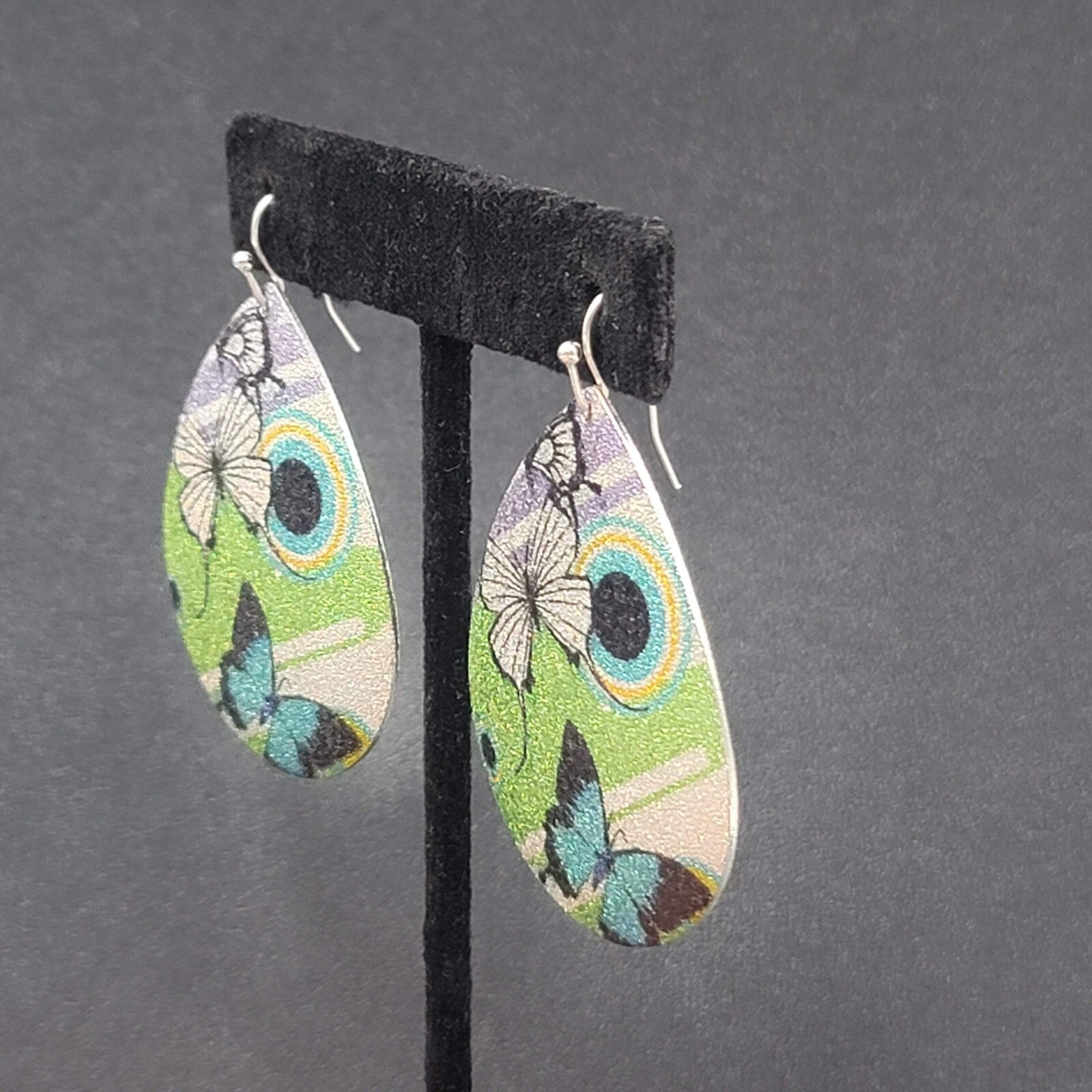 Pierced Earrings Silver tone Textured Butterfly  Teardrop Dangle 2"