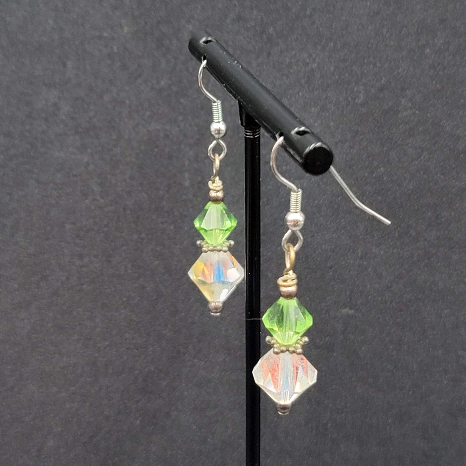 Pierced Earrings Silver toneGreen AB Bicone Christal Beads Dangle  1 1/8"