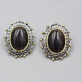 Dark Brown Cats Eye Cabochon Pierced Earrings Silver tone Oval Drop 1 1/8"