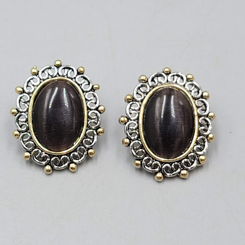 Dark Brown Cats Eye Cabochon Pierced Earrings Silver tone Oval Drop 1 1/8"