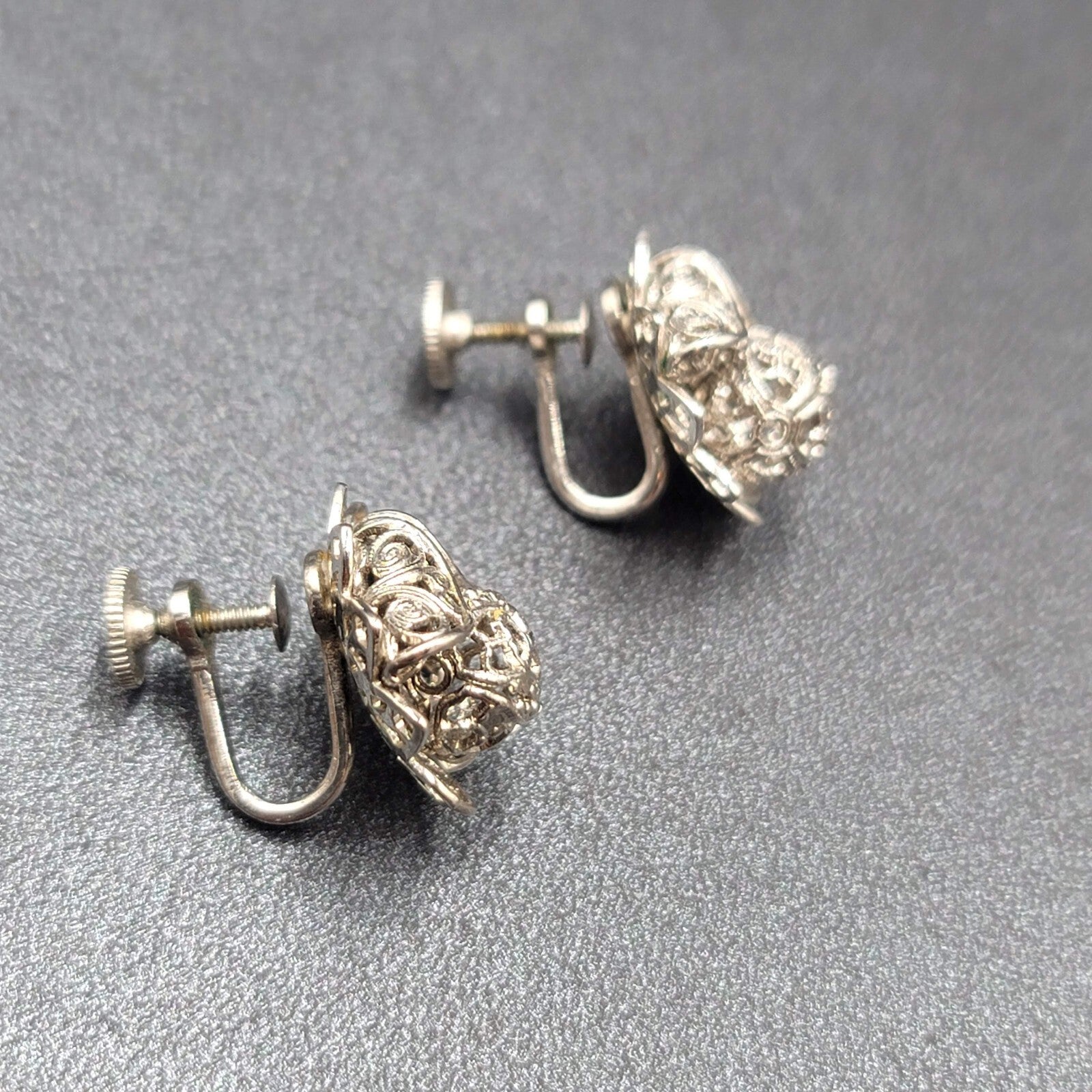 Vintage Clip on Earrings Silver tone Filigree Flower Studs 3/4"