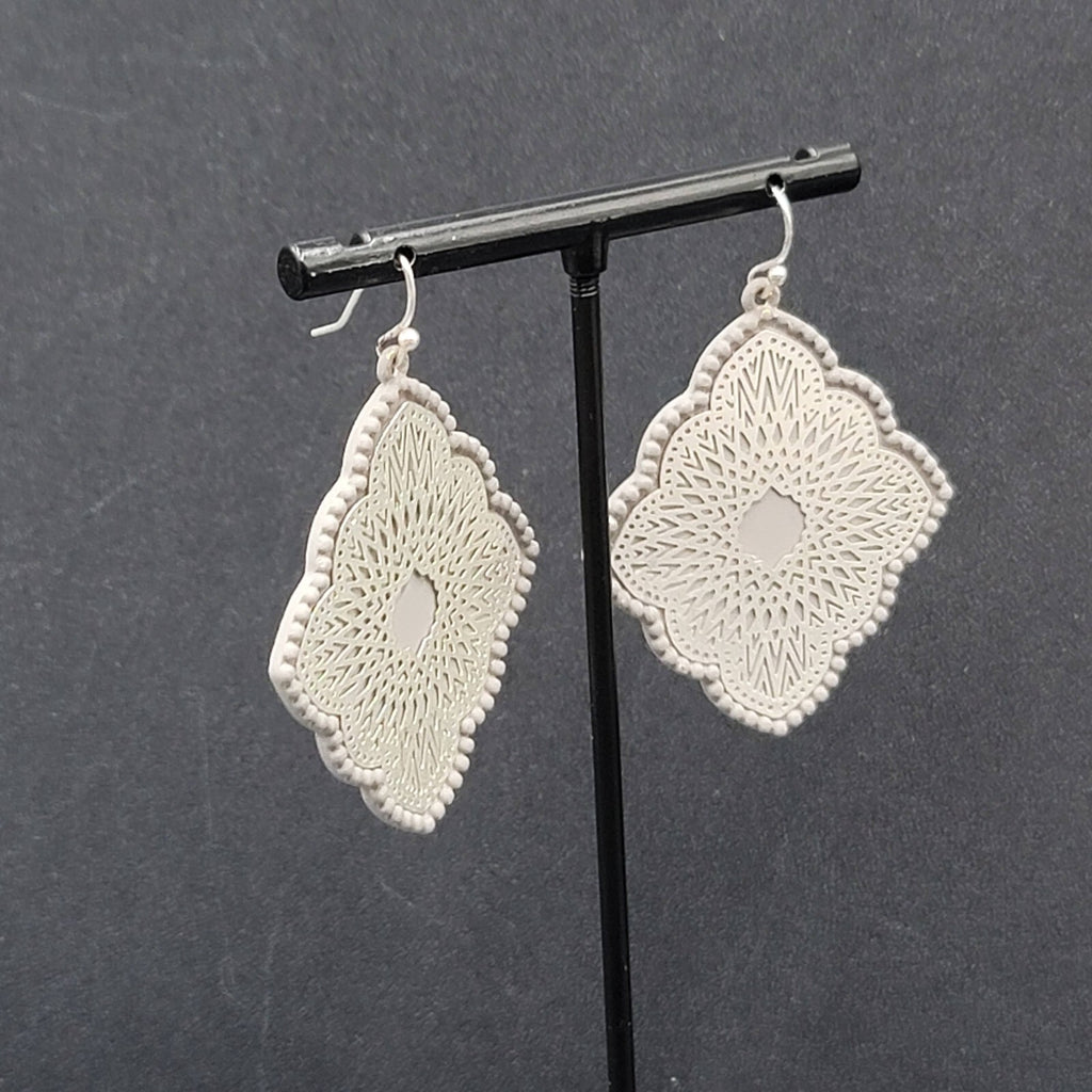 Pierced Earrings Silver tone Gray Enamel Filigree Enamel 1.75"