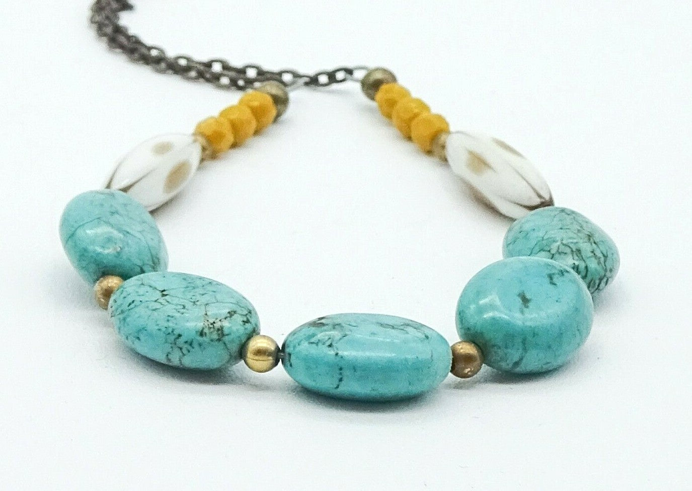 Boho Turquoise Stone Beaded Necklace Bronze tone Chain 20"