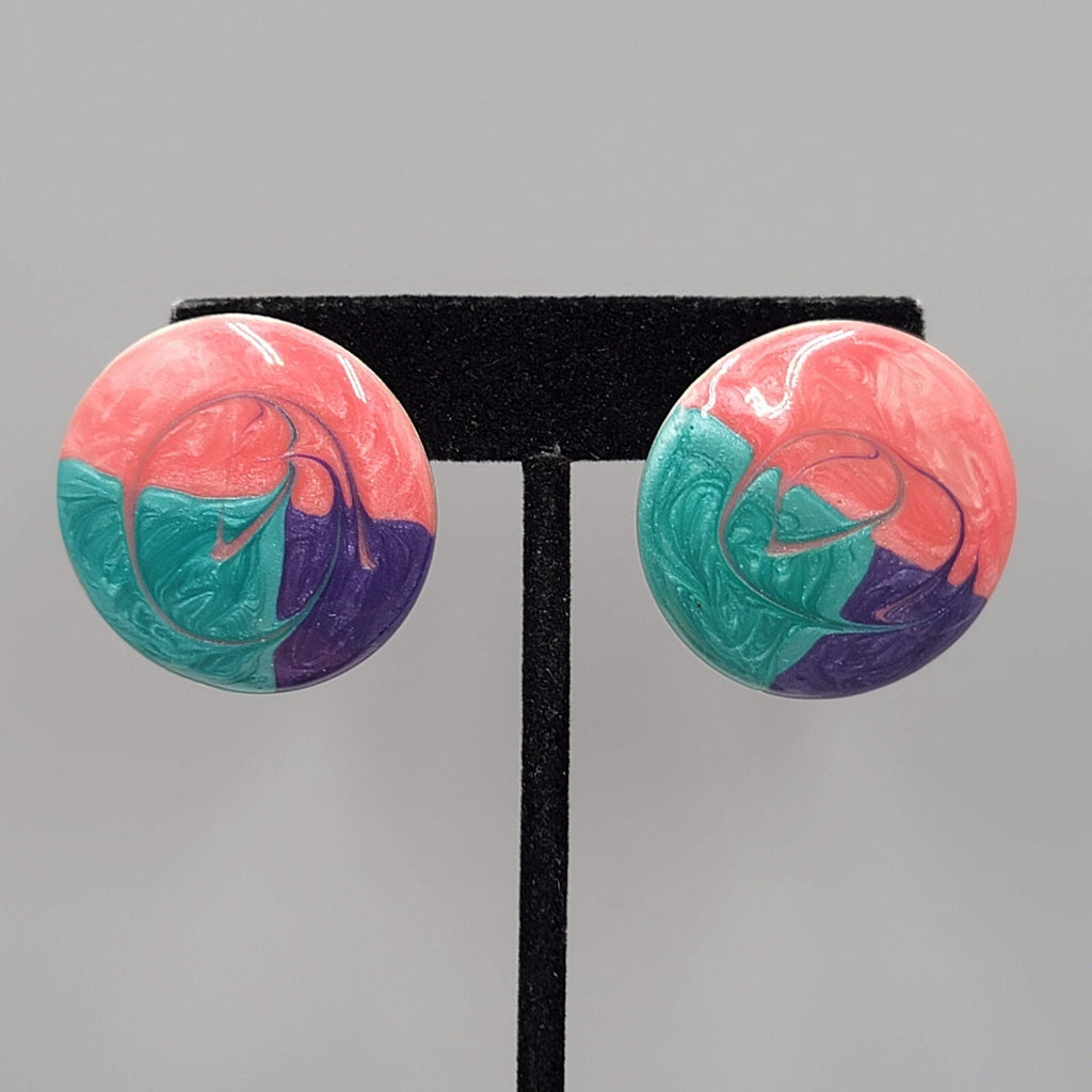 Vintage Round Enamel Pierced Earrings Pink Purple Teal Drop 1.25"