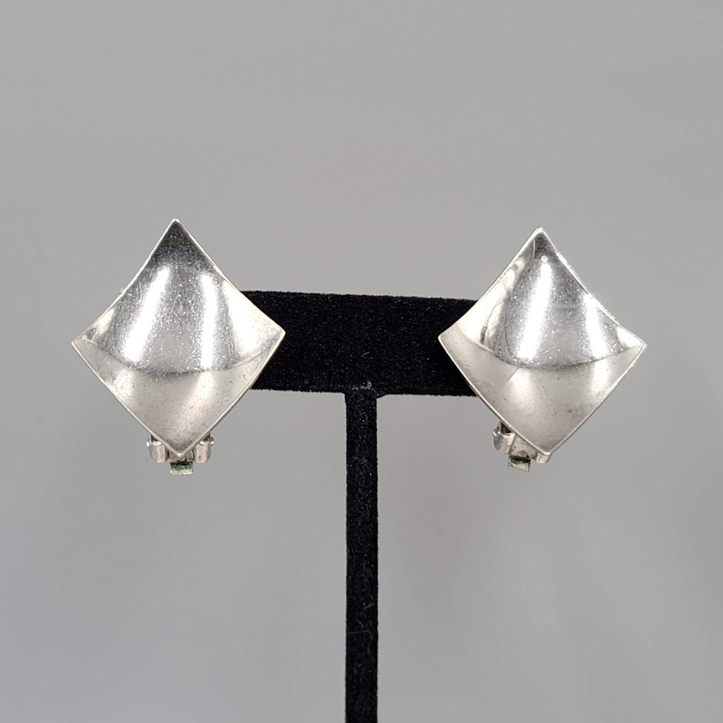 Vintage Clip on Earrings Diamond Curve Shape Silver tone Statement 1.25"
