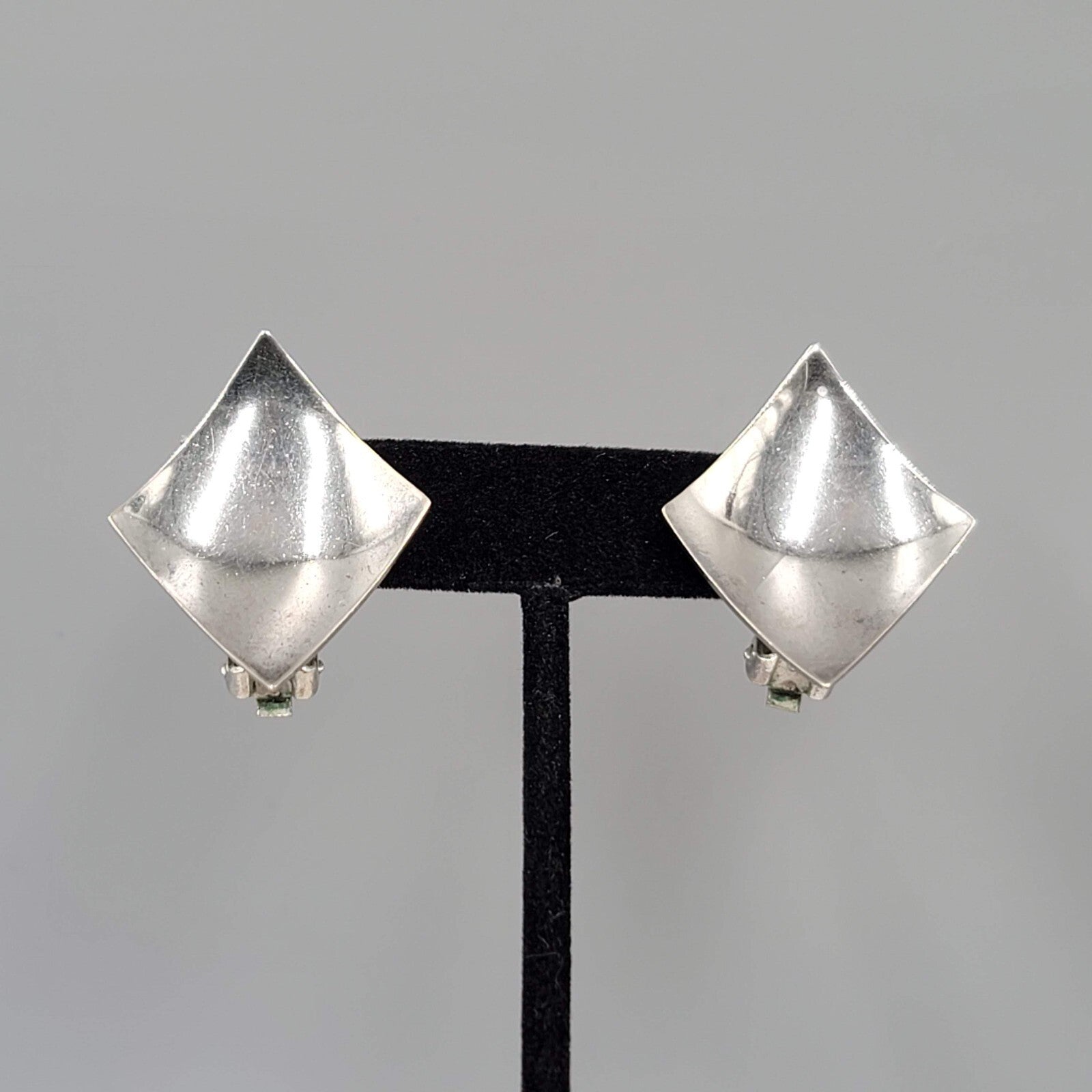 Vintage Clip on Earrings Diamond Curve Shape Silver tone Statement 1.25"
