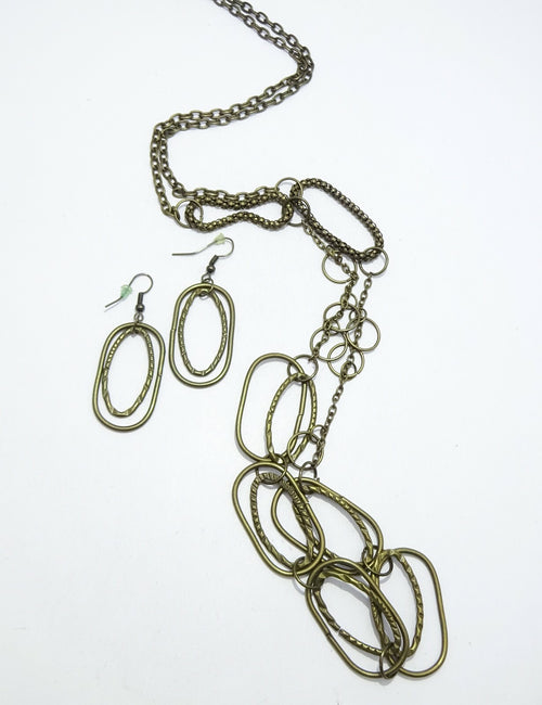 Bronze tone Modern Link Chain Necklace Set with Pierced Earrings 32"