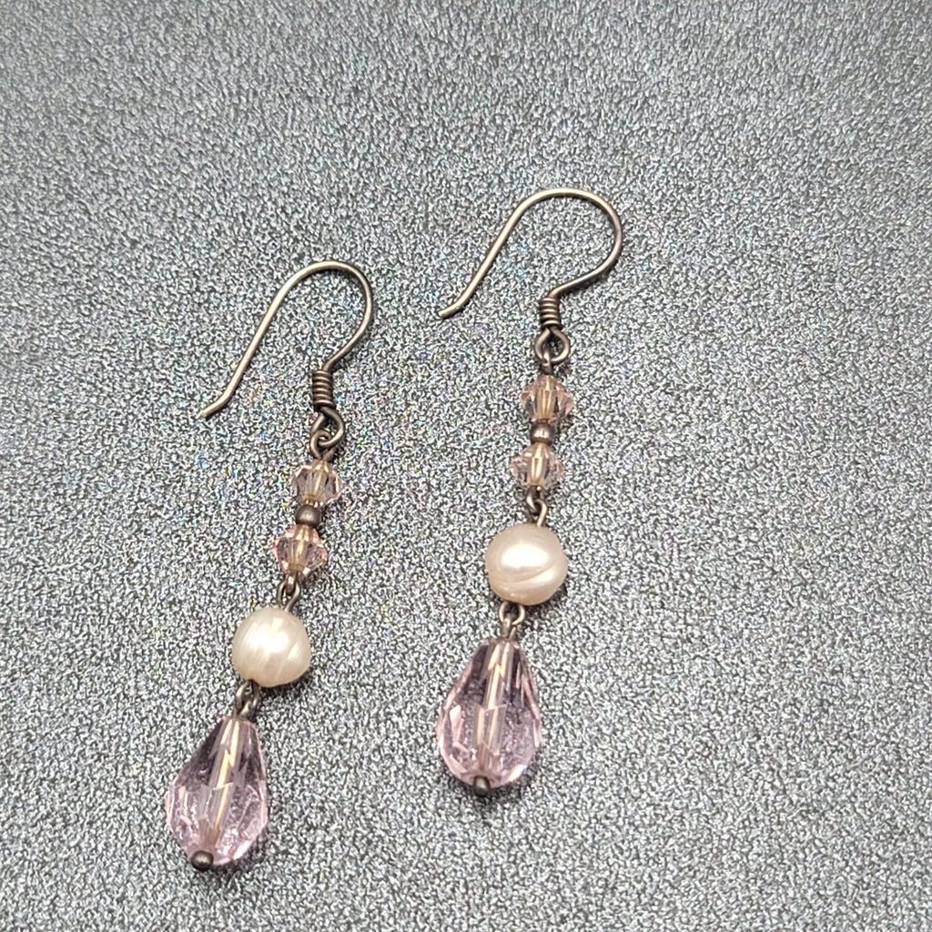 Pierced Earrings Silver tone Pink Crystal Teardrop Bead Pearl Bead 1 3/8"