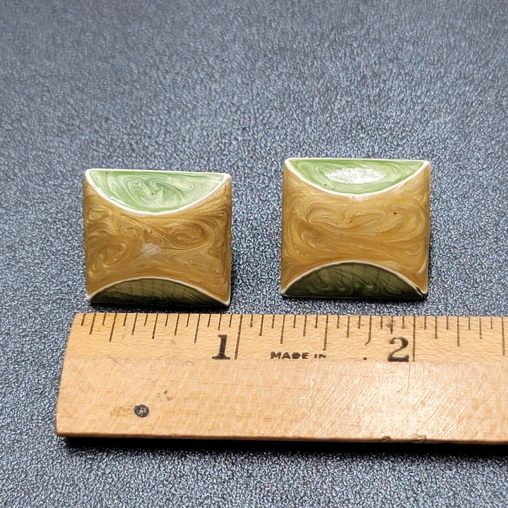 Vintage Clip on Earrings Green Yellow White Enamel Squares 7/8"