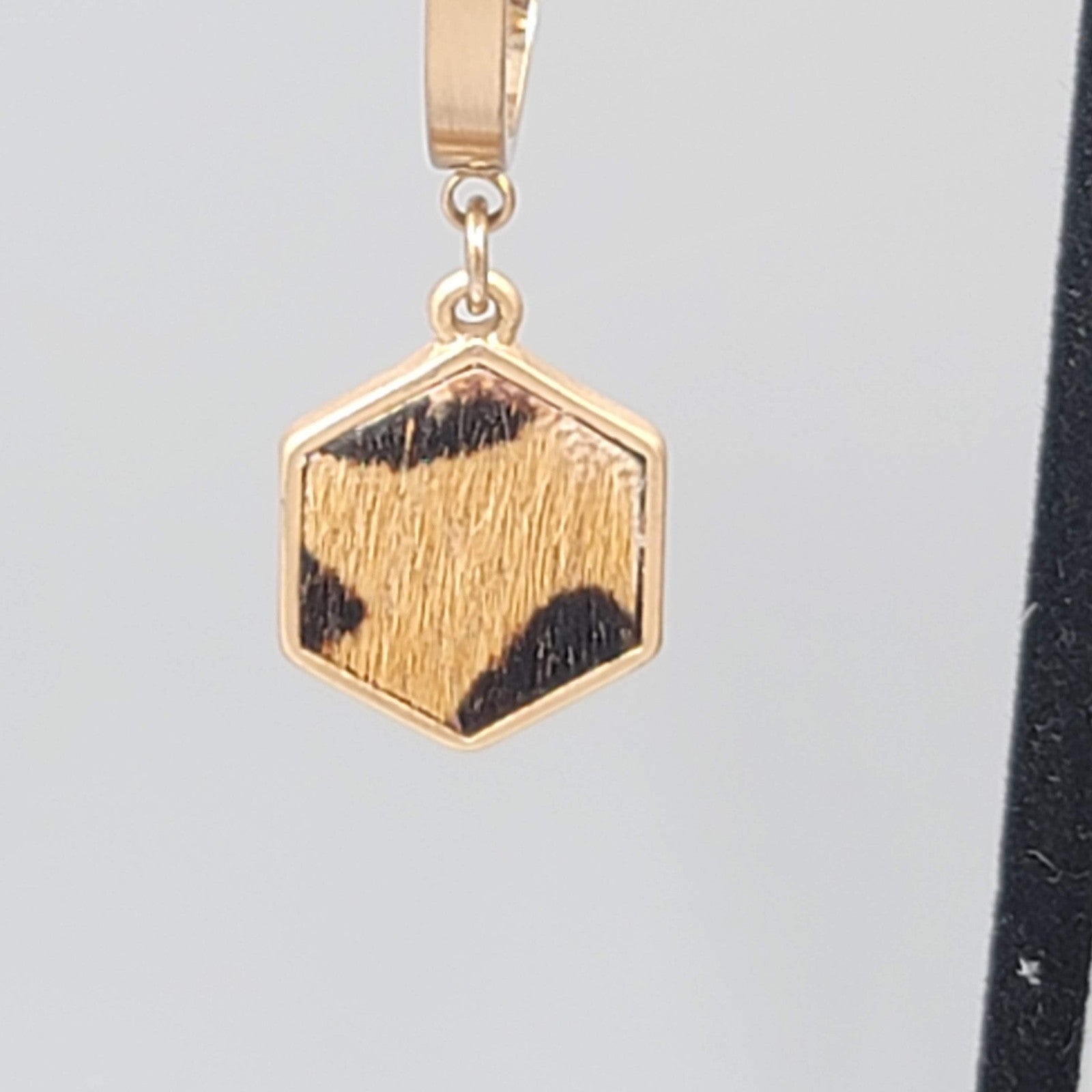 Faux Leopard Print Fur Pierced Earrings Gold tone Dangle 1.75"