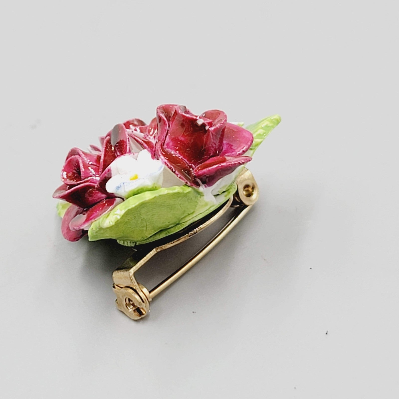 Vintage Coalport Red Roses Brooch England Bone China Flower Pin 1.25"