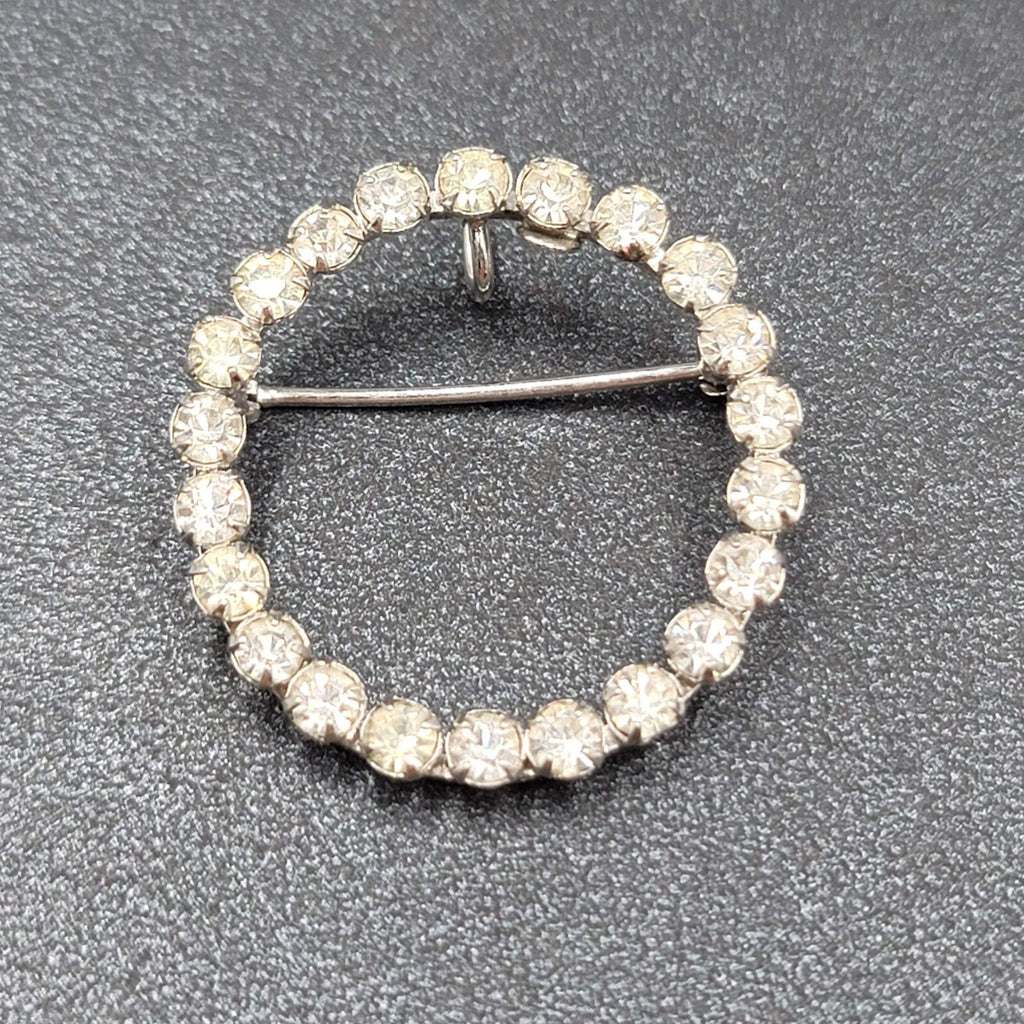 Vintage Sterling Silver Brooch Open Circle Crystal Rhinestone & Pendant 1 1/8"