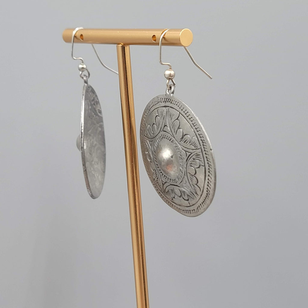 Mexico Engraved Silver tone Dangle Pierced Earrings Round 1.5"